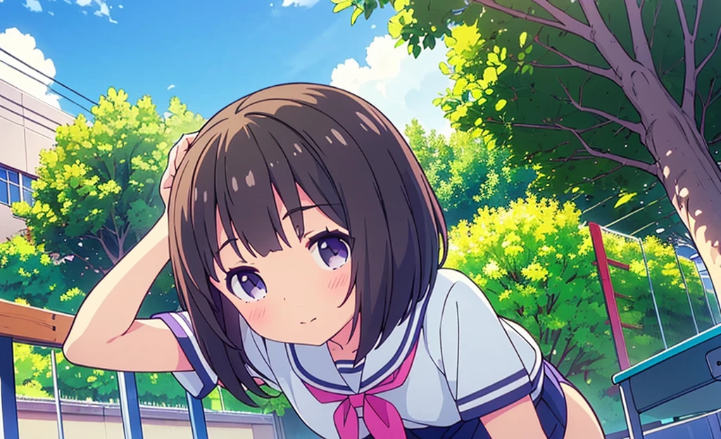 (high quality), (Masterpiece), (Very detailed), girl, (very small bust), short brown hair, purple eyes, shy face, (loli de primary), showing her thighs, in the school yard, sunny, camera angle from below, adorable eyes, (primary school uniform) NSFW