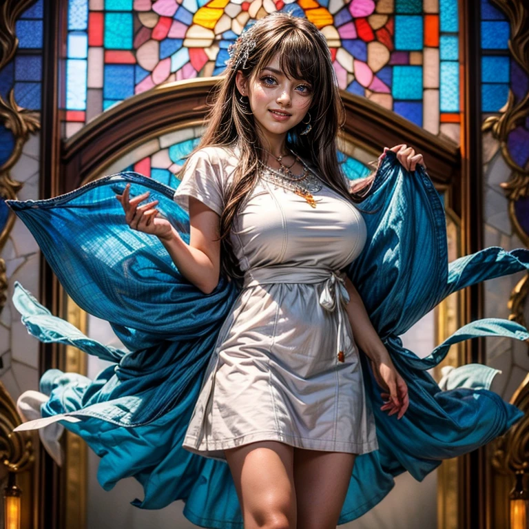 White and Blood Red, (Masterpiece 8K TopQuality:1.2) (ProfessionalPhoto:1.37) ExtremelyDetailed (((FullBody, KAWAII girl with HUGE boobs:1.37)) in (WHITE cotton T-shirt mini dress:1.28)) detailed (Delicate cotton textures), (Detailed(Distant Elaborate Stainedglass Background:1.37) (Tyndall Effect) (Oodles Dazzling NeonColor Particles:1.32))  BREAK  (ZoomLayer), (((NOGIZAKA FaceVariations))), Extremely Detailed (very KAWAII Face), Childish CaptivatingGaze Stunning ParfectEyes ElaboratePupils with (SparklingHighlights:1.28), Radiant PearlSkin with Transparency . { (Dynamic Joyful expressions LifeLike Rendering:1.4) | (:d) }, (Acutance:0.8) . 