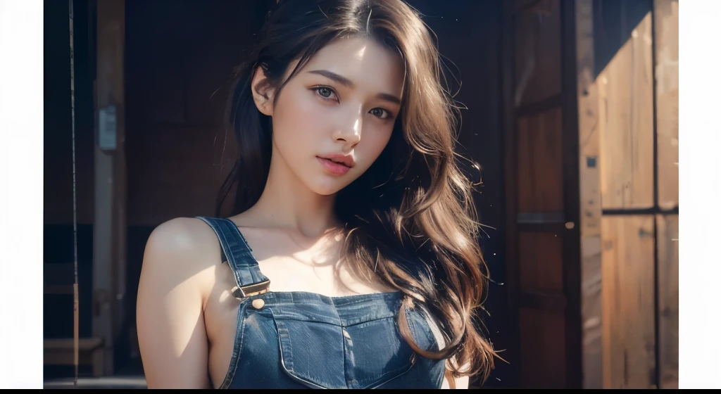 a photo by pho3b3cat3s, beautiful woman, ((24 years old)), street, body, denim overalls, 1980s, Retro, long wavy dark hair ponytail, (Masterpiece), (Extremely detailed CG unity 8k wallpaper), intricate, ((photorealistic)),
