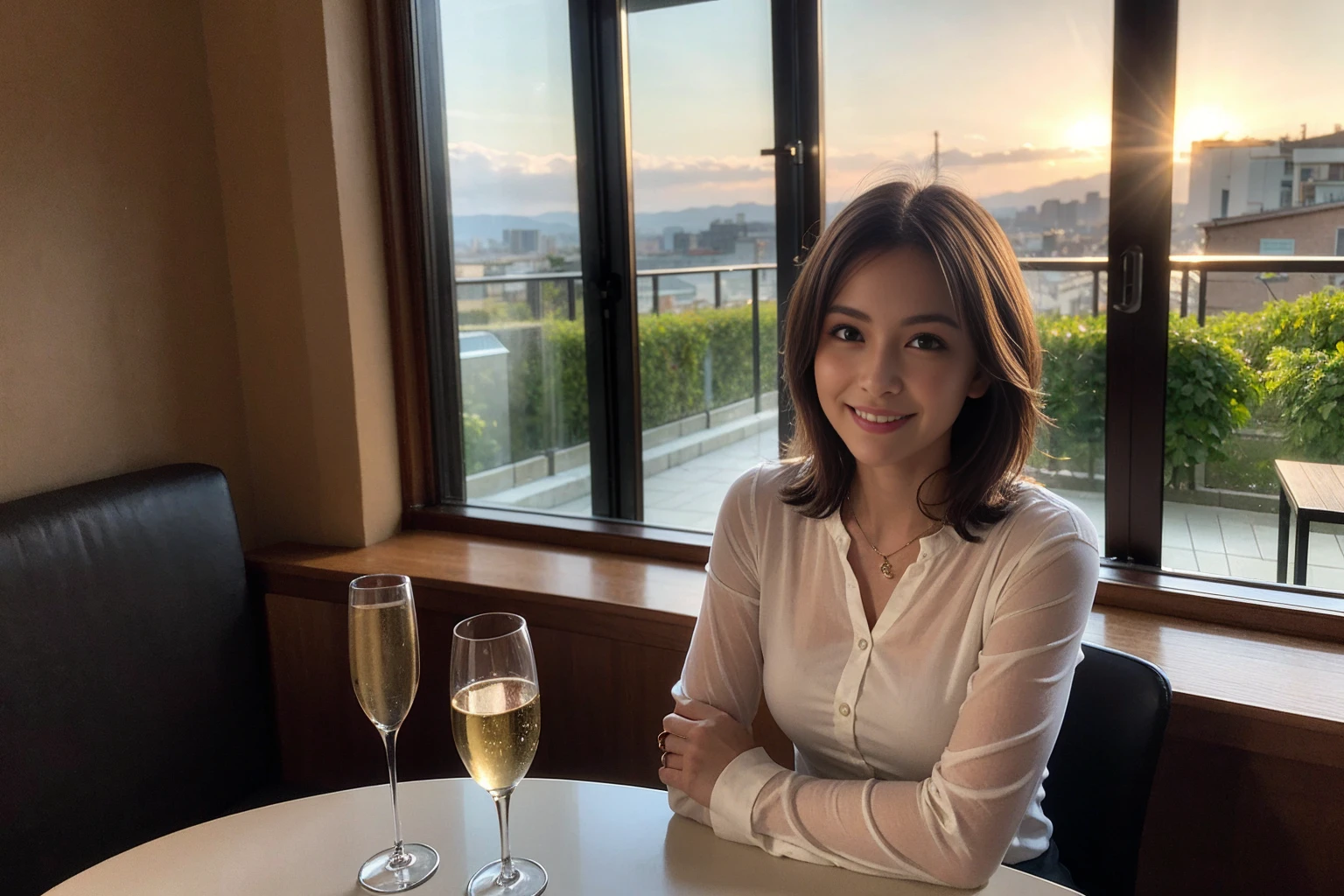 ((Highest quality、8K、masterpiece:1.3))、cute、slimカップル、modelカップル、(Realistic, Intricate details:1.2), full-course dinner、Wine 、Amazing view of the sunset sky and clouds、A bright smile、The wonderfulness of smile、Bright image、The beauty of wine, Beautiful Face, blue eyes, The light shines on your face, Blushing, short hair,Bright Face、 (Age 39 years old, red wine 、Appetizers、Italian food、Wine bottle、Champagne、sparkling wine、Two beauties、Brown Hair、Shortcuts、Long sleeve shirt、dress、Beautiful woman 1, (slimな顔), (The body is slim), (Brown Hair), (Shortcuts), cheeks turn a little red,Attractive beauty、restaurant, In a prominent place (From the waist up) Nova Frog Style, actress, model, Upper Body, White wine, slim, wine glass, 中央に置かれたwine glass, smile, (smile: 1.15), Beautiful fine grain, Depth f/2,saturation, High Contrast, Strong light and shadow,Moist Body:1.5、3D texture、Delicate eyes、Brown Hair、The hair is very shiny、