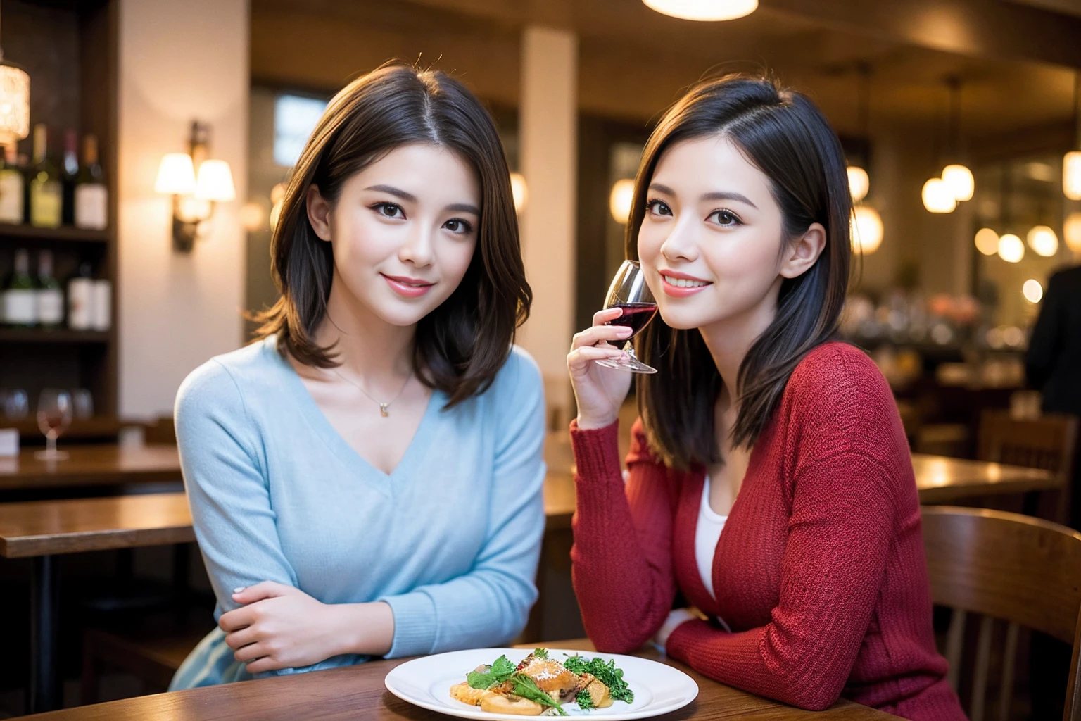 ((Highest quality、8K、masterpiece:1.3))、cute、slimカップル、modelカップル、(Realistic, Intricate details:1.2), full-course dinner、Wine Party、Amazing view of the sunset sky and clouds、A bright smile、The wonderfulness of smile、Bright image、The beauty of wine, Beautiful Face, blue eyes, The light shines on your face, Blushing, short hair,Bright Face、 (Age 37), 39 years old, red wine 、Appetizers、Italian food、Wine bottle、Champagne、sparkling wine、Two beauties、Brown Hair、Shortcuts、Long sleeve shirt、dress、Beautiful woman 1, (slimな顔), (The body is slim), (Brown Hair), (Shortcuts), cheeks turn a little red,Attractive beauty、restaurant, In a prominent place (From the waist up) Nova Frog Style, actress, model, Upper Body, White wine, slim, wine glass, 中央に置かれたwine glass, smile, (smile: 1.15), Beautiful fine grain, Depth f/2,saturation, High Contrast, Strong light and shadow,Moist Body:1.5、3D texture、Delicate eyes、Brown Hair、The hair is very shiny、