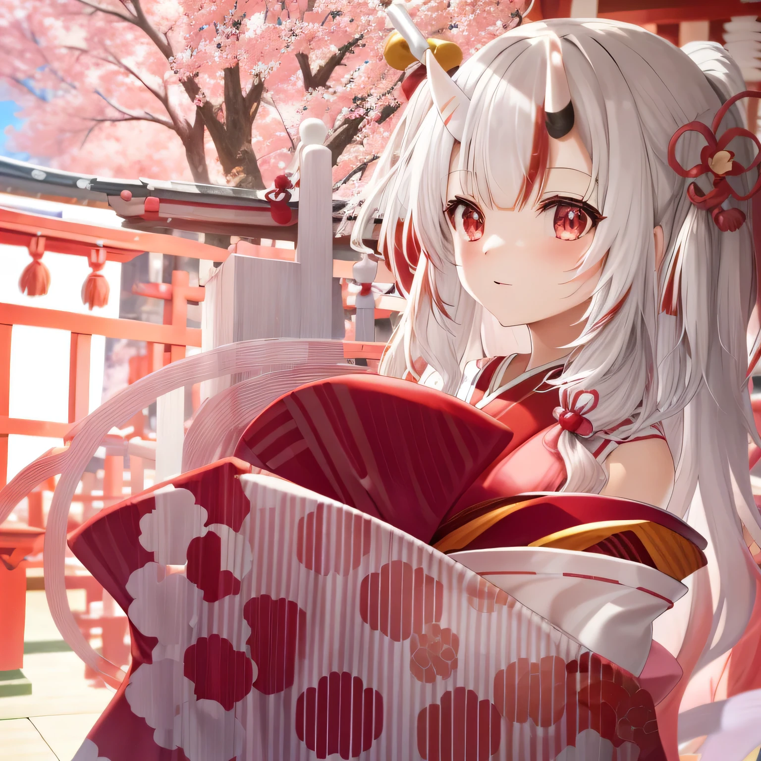 Red and white kimono, Cherry blossoms, falling petals, temple shrine background, Day time setting, alone, 1 girl, Individual individuals, looking at the audience, white hair, pink eyes, them trumpet, them_trumpet, Japanese cartoons_them_trumpet, Oiran