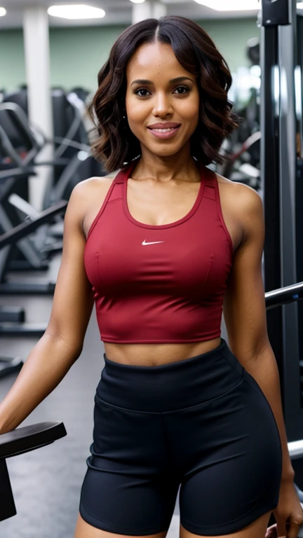 Kerry Washington wearing sexy lycra top and shorts at the gym and smiling