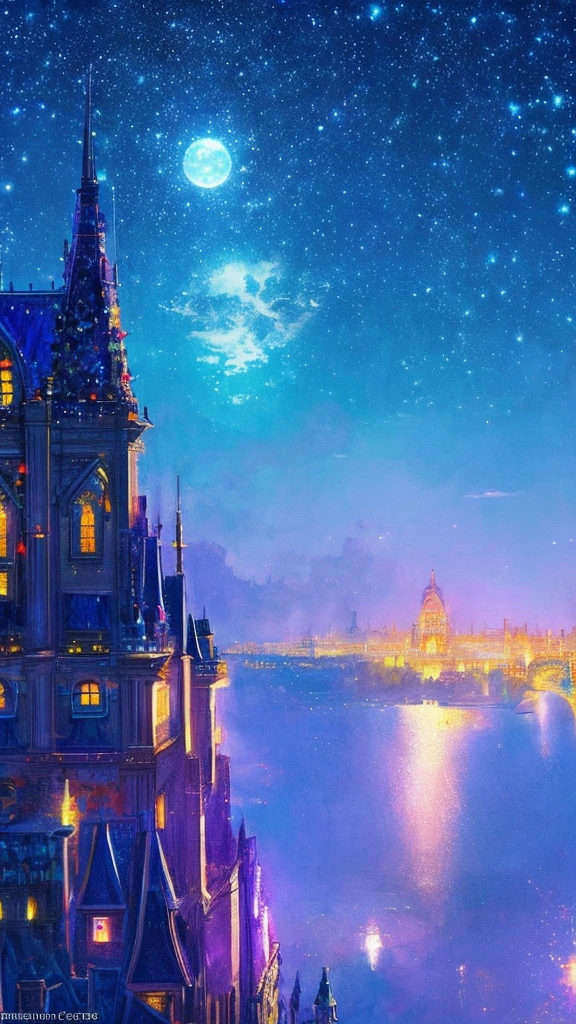 Close-up girl looking up、Crying girl、Girl in profile、The colorful Metropolitan Museum of Art in the background、River painting with stars and moon in rainbow sky、the met、Shining skyscrapers、Shine across the board、Skyscrapers、Concept art inspired by Mitsuoki Tosa、pixiv contest winners、top-quality、Fantasyart、beautiful anime scene、Bright moon、Moonlit star environment、Dream painting、Anime Background Art、Fantasy landscape art、fantasy knight、anime backgrounds、background artwork、Fantastic art、atmospheric anime、starrysky、Detail has been enhanced。