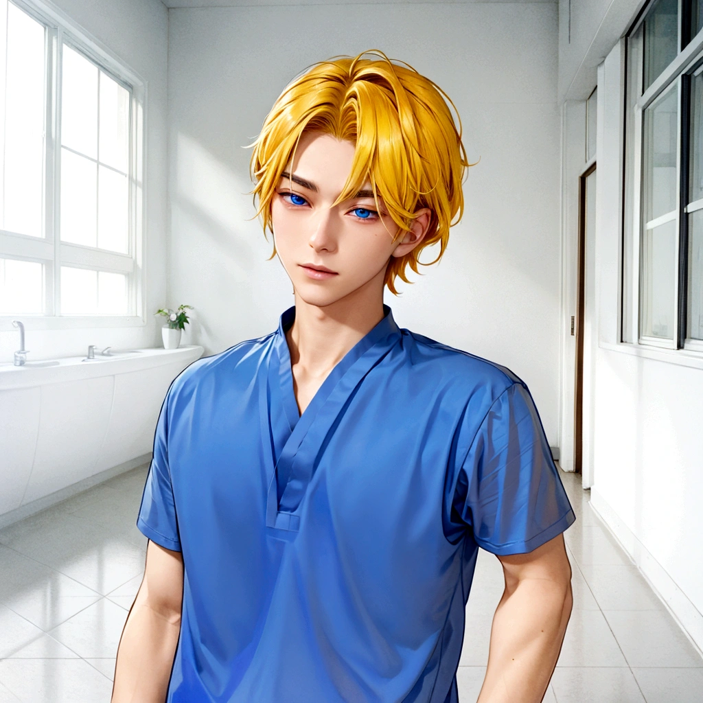 Golden hair color、Fluffy hairstyle、Anime boy in a blue shirt standing in a corridor with windows, Tall anime guy with blue eyes, inspired by Sadamichi Hirasawa, inspired by Itō Ogura Yonesuke, Inspired by Gigado Ashiyuki, Inspired by Hisui Sugiura, Male Anime Characters, inspired by Kitao Shigemasa, main character, In games