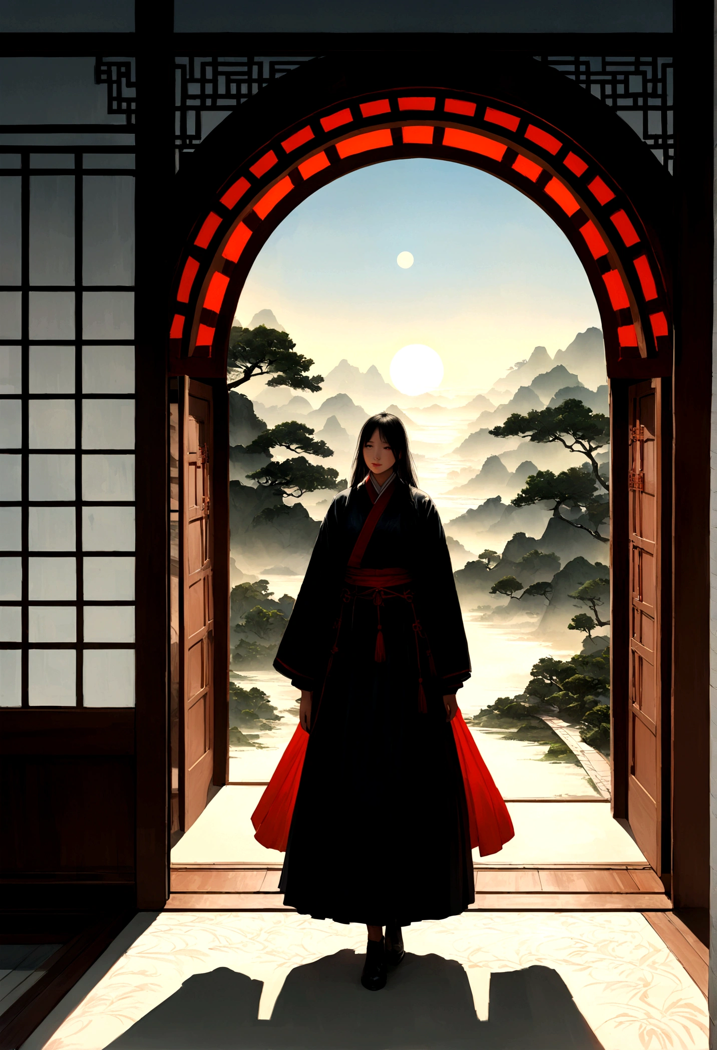 A painting depicting a person walking, with very detailed Chinese classical doors and plants, a mysterious background, layered sky, red and black, backlight, traditional Chinese landscape style, new tradition, Eastern style, James Turrell, plants are the history of Nagai, Fan Kuan's style, eerie reality, and cunning. I can't believe how beautiful this is. Symmetrical composition, grand scale, strong use of negative space, facing up, Single point perspective, realistic ultra details, 8k, high-definition