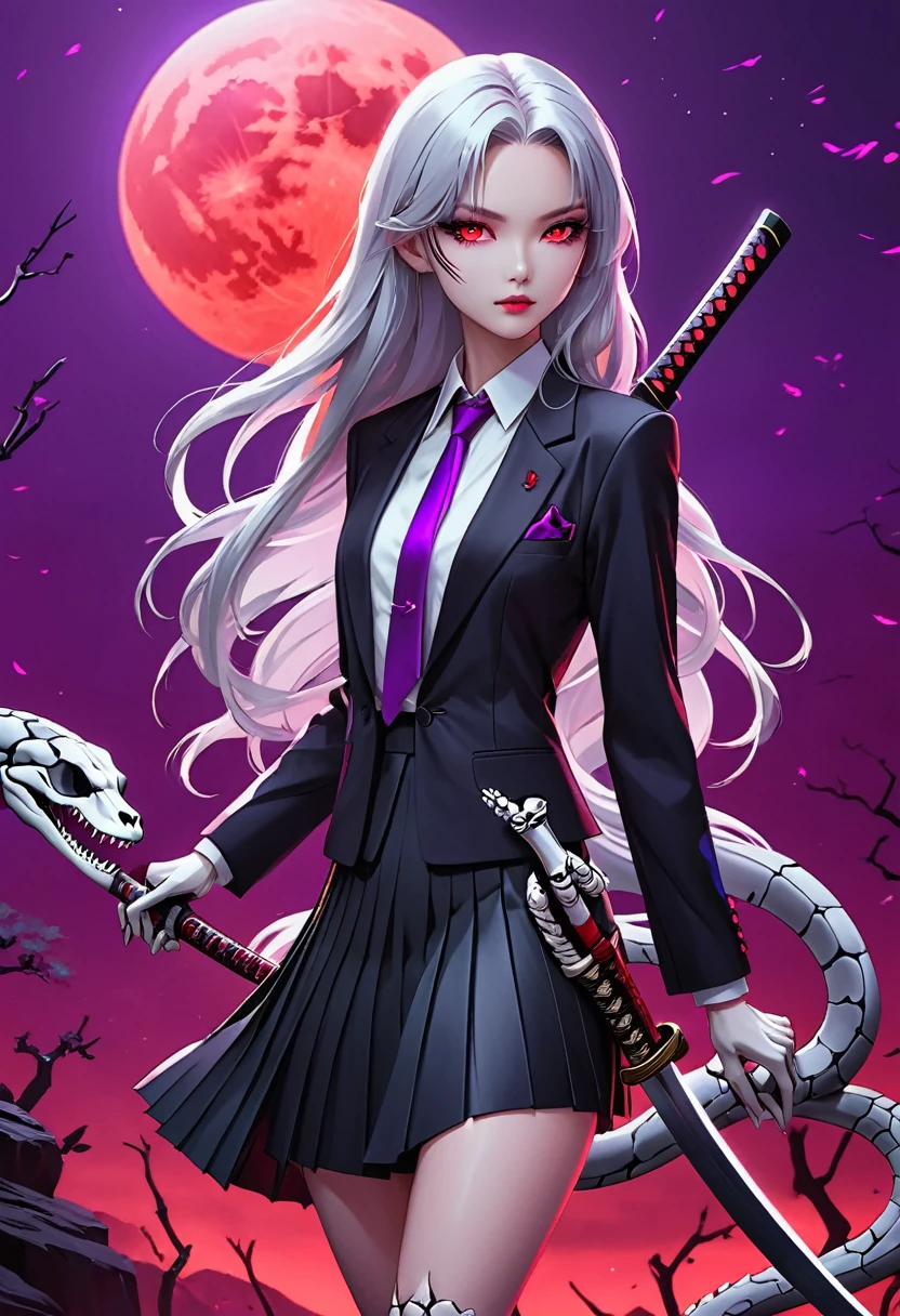 Flat style，Japanese anime style，(((1 beautiful girl，Silver long hair，Smooth skin，Black pleated skirt suit)))，Katana in hand，Elegant dynamic pose，Dynamic Blur，Red Moon，Dark purple tones，Mysterious and elegant atmosphere，(((Purple fluorescent python snake skeleton background)))