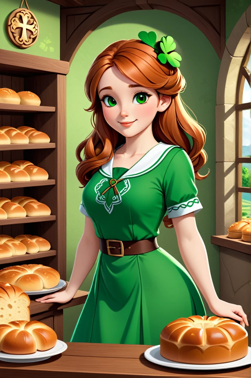 Red-haired Irish woman in traditional green dress, illustration, 3d, cartoon, 
Shamrock, Celtic Cross, Celtic Knot, 
high resolution, high quality, detailed, masterpiece, Human Development Report, sharp,
The aroma of a local bakery and fresh bread fills the background,
[Biophilic design style],[ Abebistel], 
BREAK
Fraction_9, Fraction_8_up, Fraction_7_up, Fraction_6_up , amazing的, beautiful, thrilling, amazing, outstanding, excellent,