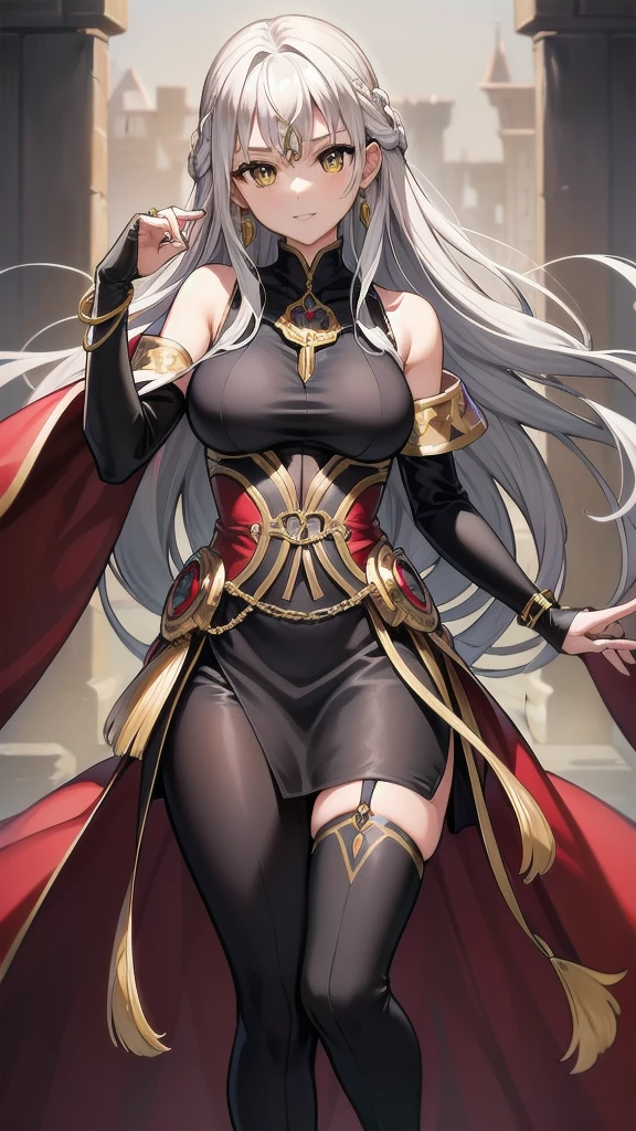 masterpiece, best quality, 1 solo girl, silver hair, yellow eyes, long hair, medium breasts, sexy body and face, wavy hair, smile, parted lips, circlet, jewelry, bare shoulders, earrings, bridal gauntlets, sleeveless, black dress, bracelet, side slit, gold trim, red fur-trimmed cape, pelvic curtain, sleeveless dress, black footwear, turtleneck, long sleeves, castle, intdoors, sexy pose, cowboy shots, detailed body, face, and eyes, sharp focus, vibrant, creative, dynamic, high definition, high resolution, 8k, (Upscale: R-ESRGAN 4x+ Anime6mage enchance:4x), voluptuous body, cinema lightning, dakimakura style, looking at the viewer,