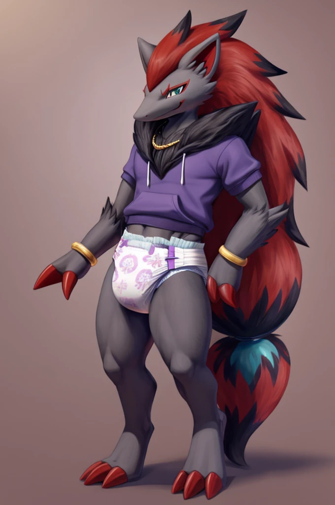  A dark purple femboy zoroark wearing a blue and purple sweatshirt and diaper and white socks with black stripes and a gold necklace on his neck and with bracelets on his arms 