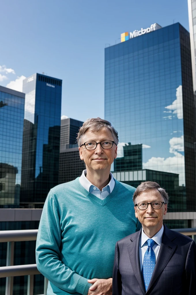 Bill Gates with the Microsoft building behind him.