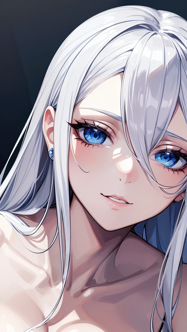 (masterpiece),((Highly detailed long silver hair)),((expressive blue eyes)),(Highly detailed white dress),deep cleavage,(happy expression),extremely beautiful mature woman, milf,silver jewelry,best quality,cel shading,8K HD,highly detaild face, highly detaild eyes,flat color,digital color,(close angle),contrapposto,white background