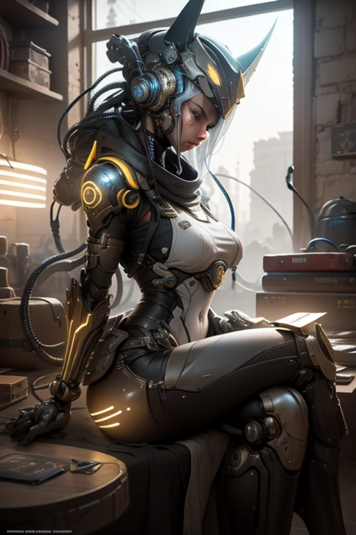 1. Machine Girl,((Ultra-Realistic Details)), Portraiture, Global Illumination, Shadow, Octane Rendering, 8K, Ultra Sharp,Metal,Complex, Decorations detailed, Cool colors, More about Egypt, highly Complex details, Realistic Light, Trending on CGSociety, Glowing Eyes, To the camera, Neon Details, Mechanical limbs,Blood vessels connected to tubes,Mechanical vertebrae attached to the back,Cervical vertebrae mechanically attached to the neck,Sitting,Wires and cables connecting to the head