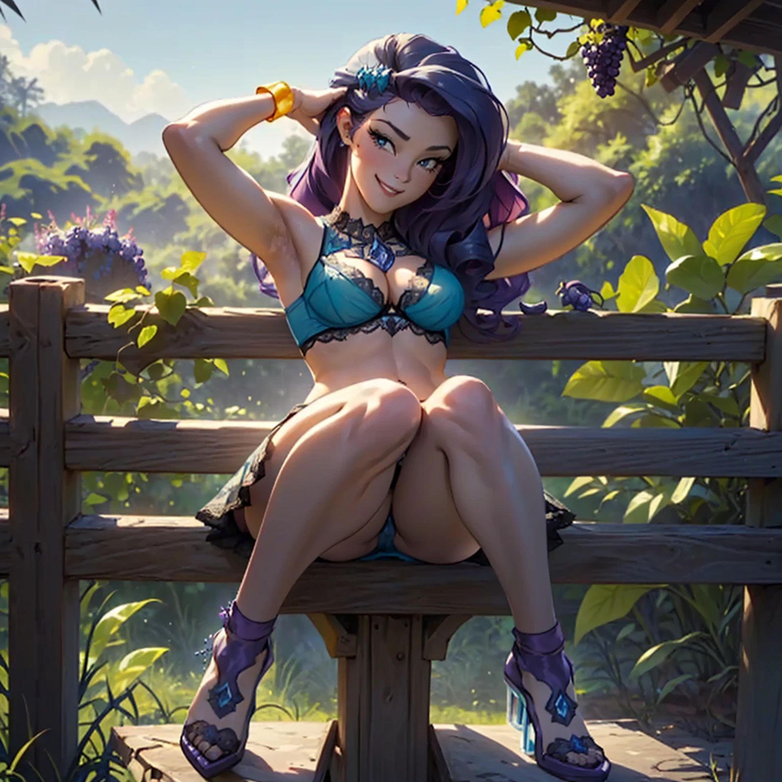 (((beautiful female body))),(((rarity as a sweet charming hot seductive horny model))) ,(((sit on the fences leant to grape tree)))), (((outdoor))),(((jungle in background))),(((lewd and erotic posing))), (((happy wicked smile))) ,(((wear light blue sheer lace transparent see through very short bra))) , (((((upskirt view))))) , breasts are visible , (((wear high heels))) , (((full body))),golden bracelets , (((perfect big breasts))) , lush breasts , Bulky Breasts , voluminous breasts ,(((peeping the viewer))),(((bare belly))),(((side close upskirt view))),(((look at the viewer hands behind head)))