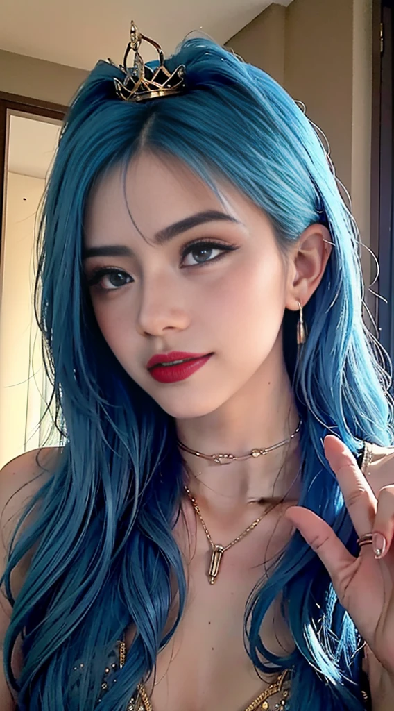 super detailed, delicate face, realistic style, stock photography , rich and colorful, surrealism, Realistic textures, dramatic lighting, 800 thin film distiller (8k, Photo original, Best Quality, Masterpiece: 1.2), super detailed, (Extremely delicate skin: 1.2), 8k UHD, reflex camera, Luz outfit, high quality,snow queen,ice castle,blue pupils,Apply lipstick rojo,Ultra clear portrait,Wear necklace jewelry,Apply lipstick,Wear a lot of makeup,The facial texture is very clear.,deep blue eyes(Sapphire-like pupils),A luxury crown,diamond necklace,lace print,Beautiful goddess,Beautiful and exquisite gold jewelry.,Raise your arms beautiful face, sensual poses, Being alone, 1 girls,smile with, La Best Quality en el mejor de los casos., hair ornament nmasterpiece, Butter,blue hairs