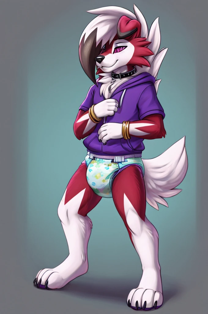 A dark purple Midnight femboy lycanroc wearing a blue and purple hoodie and diaper and white socks with black stripes and a gold necklace on his neck and with bracelets on his arms