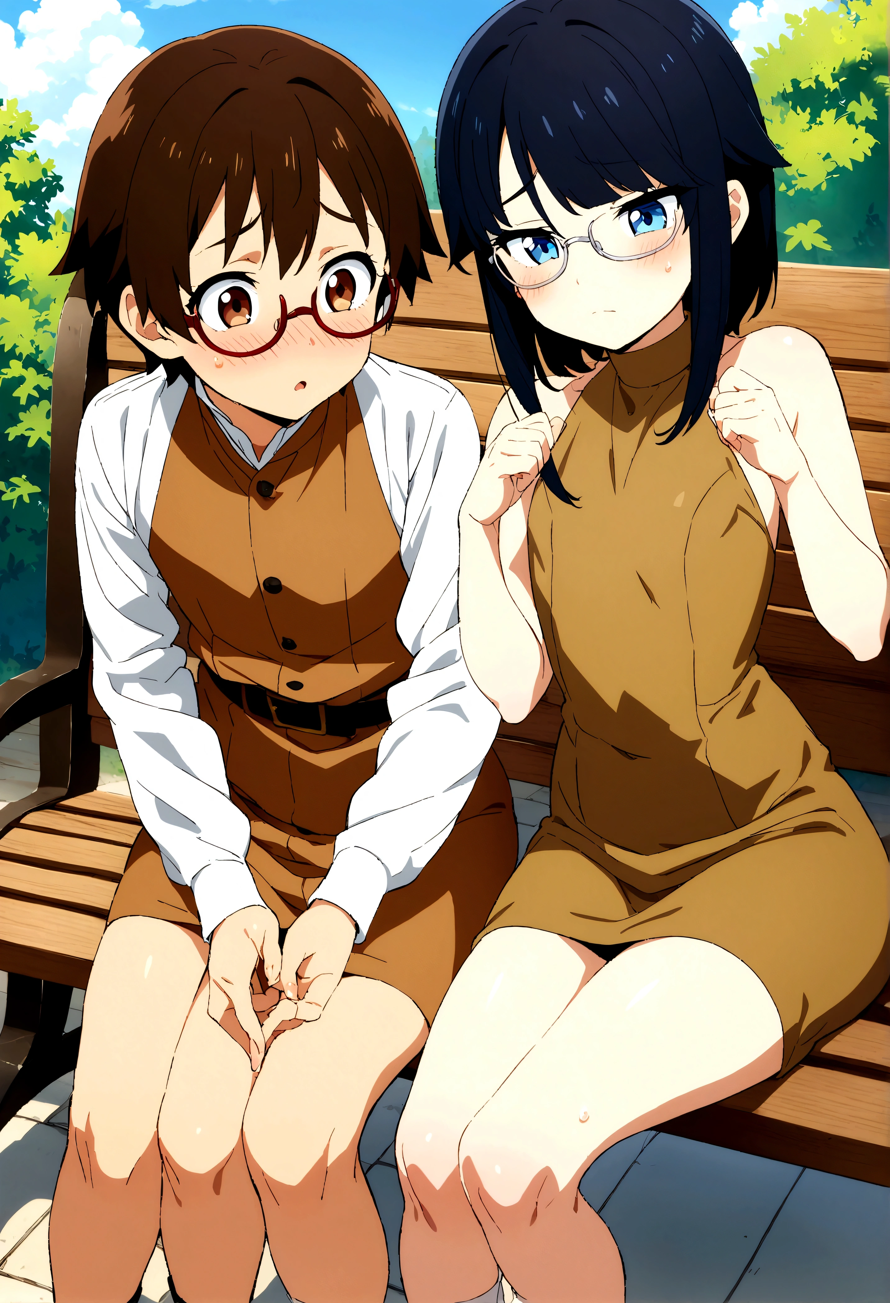 1 Anime boy, flat chest, big hips, high quality image, femboy, otokonoko, brown short hair, bangs, blue eyes, 1 Anime girl, short black hair, brown eyes, glasses, tsundere, sitting together on a bench