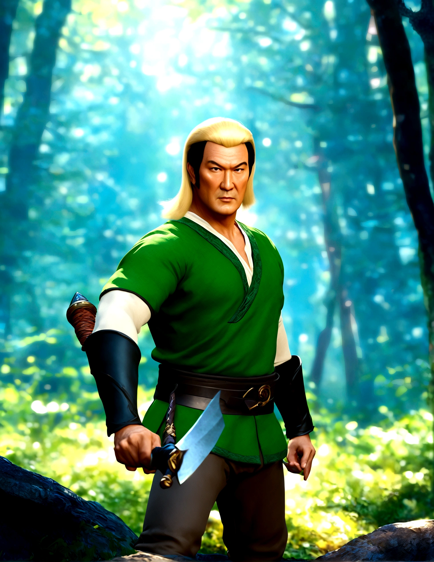 a Steven Seagal as Link, blonde wig over black hair, elf ears, Link's shield on arm, akido pose, forest background, small magic fairy hovers nearby, blue, best quality, 4k, 8k, highres, masterpiece, ultra-detailed, realistic, photorealistic, HDR, UHD, studio lighting, ultra-fine painting, sharp focus, physically-based rendering, extreme detail description, professional, vivid colors, bokeh