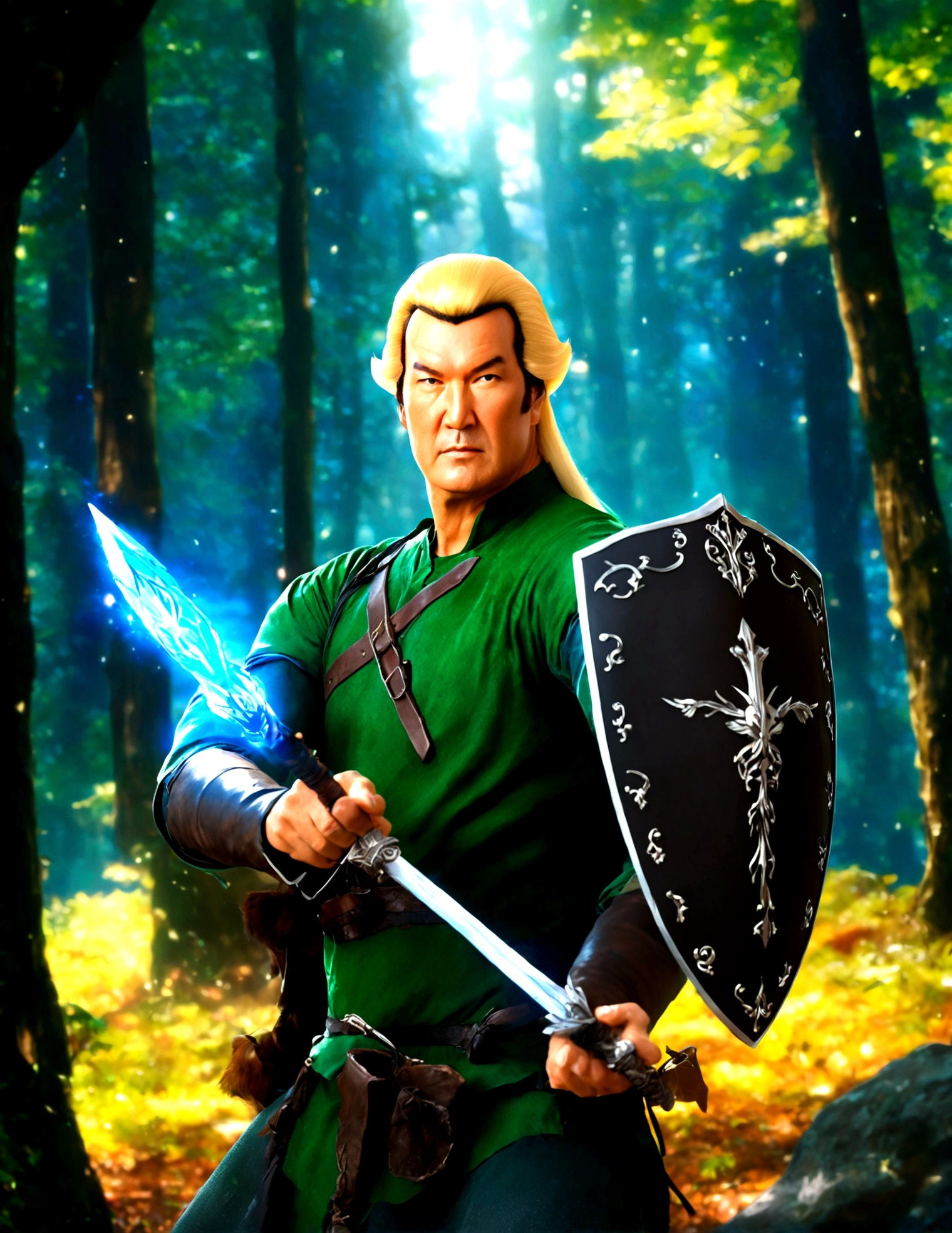 a Steven Seagal as Link, blonde wig over black hair, elf ears, Link's shield on arm, akido pose, forest background, small magic fairy hovers nearby, blue, best quality, 4k, 8k, highres, masterpiece, ultra-detailed, realistic, photorealistic, HDR, UHD, studio lighting, ultra-fine painting, sharp focus, physically-based rendering, extreme detail description, professional, vivid colors, bokeh