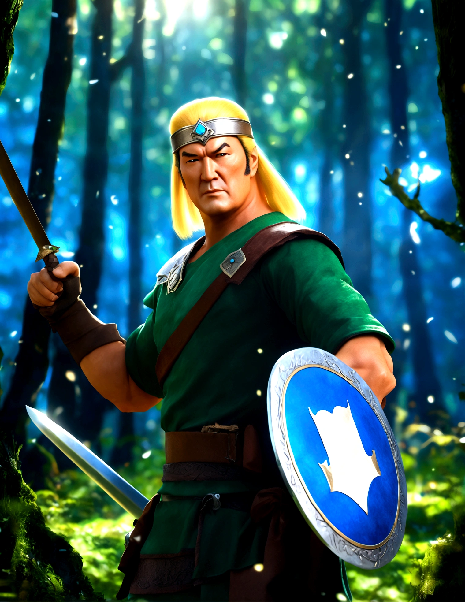 a Steven Seagal as Link, blonde wig over black hair, elf ears, Link's shield on arm, akido pose, forest background, small magic fairy hovers nearby, blue, best quality, 4k, 8k, highres, masterpiece, ultra-detailed, realistic, photorealistic, HDR, UHD, studio lighting, ultra-fine painting, sharp focus, physically-based rendering, extreme detail description, professional, vivid colors, bokeh