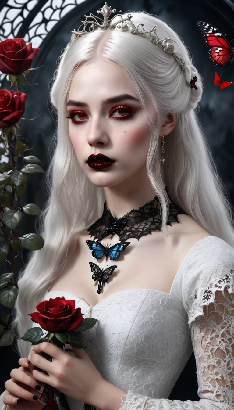(best quality,4 k,8 k,higher ,masterpiece:1.2),ultra-detailed,(realistic,photorealistic,photo-realistic:1.37),gothic art,girl ,lace dress,thorny rose,creepy,terrifying, dark Red lips , butterfly,holding a Rosary , Dark red rose . White hair, rose on her hair , white wolf beside her .