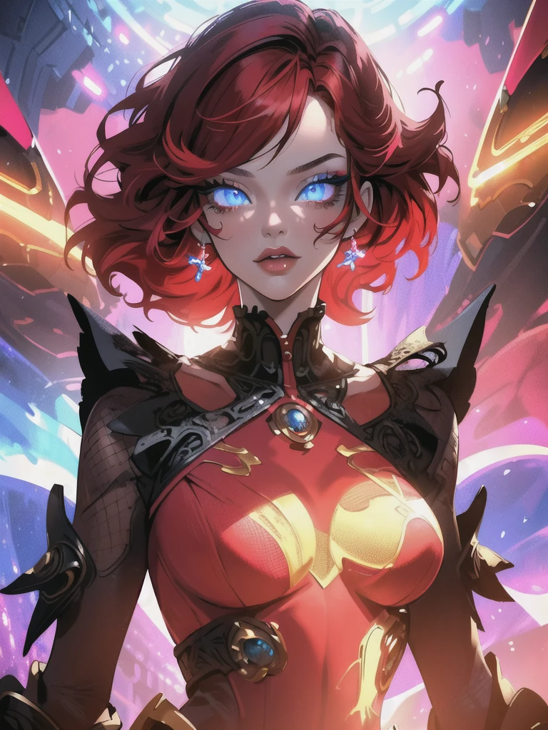 Red hair color,(masterpiece, best quality),(1 lady),(solo),(artstation),(dynamic),(charming),(magical),(unreal engine),(fantastically beautiful),(illustration),(dramatic lighting),(rave background),(neon glow),(maximalist),(extremely detailed eyes and face),(long eyelashes),(intricate details),(vibrant colors),(cinematic lighting),(fantasy portrait)