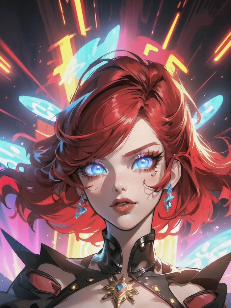 Red hair color,(masterpiece, best quality),(1 lady),(solo),(artstation),(dynamic),(charming),(magical),(unreal engine),(fantastically beautiful),(illustration),(dramatic lighting),(rave background),(neon glow),(maximalist),(extremely detailed eyes and face),(long eyelashes),(intricate details),(vibrant colors),(cinematic lighting),(fantasy portrait)