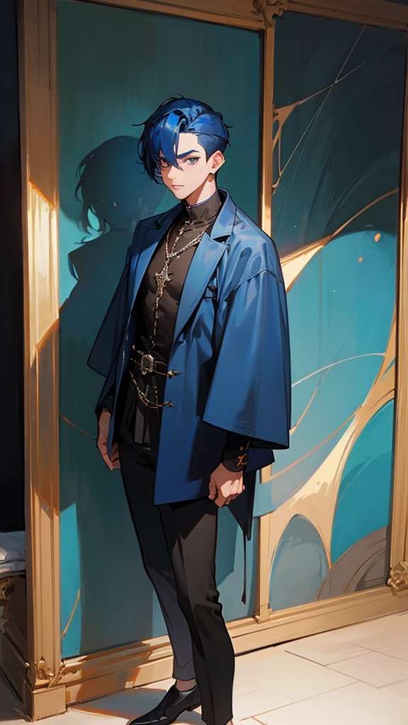 Male, dark blue hair, inner color, late 20s, standing portrait, piercing 