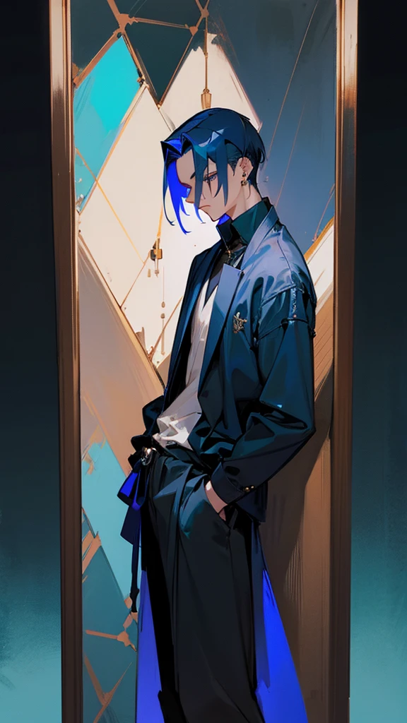 Male, dark blue hair, inner color, late 20s, standing portrait, piercing