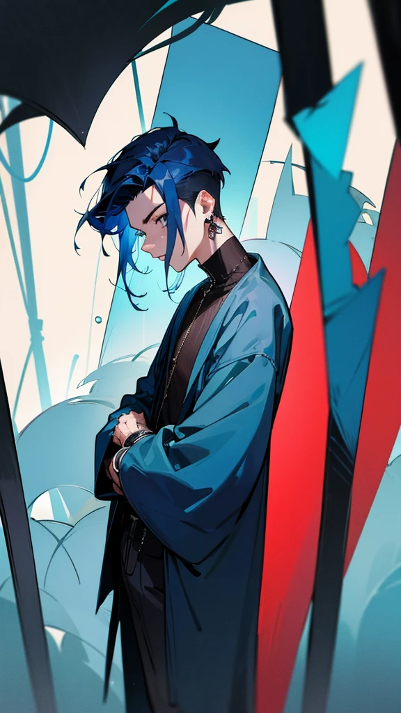 Male, dark blue hair, inner color, late 20s, standing portrait, piercing