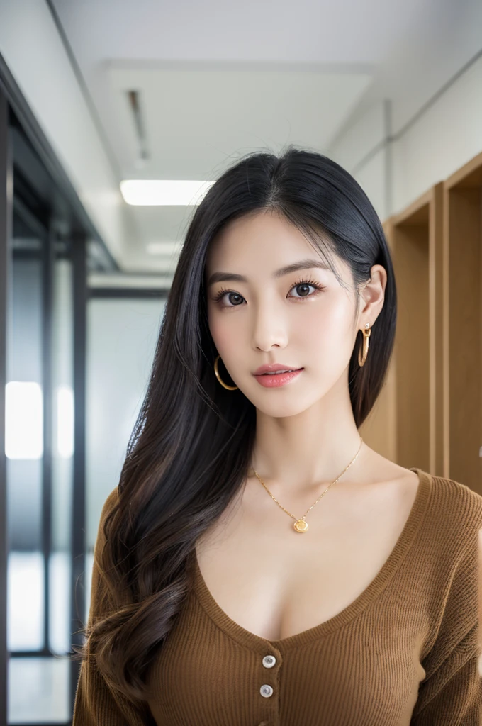 company office,executive secretary,okinawa,((full body)),((photo)),((best qualtiy, 8K, tmasterpiece:1.3)), Focus:1.2, perfect figure beautiful girl:1.4,1girl,cowboy shot,look at viewer, eyes facing the camera,incredibly absurd, beautiful and cute girl with a photorealistic face, showcasing top-quality craftsmanship, Japanese woman working in an office, 22 years old, hairstyle is black bob hair, inward curling hair reaching the jaw line, thin and soft hair, wide forehead with beautiful hairline, thin eyebrows, large almond-shaped eyes, light brown eyes, long eyelashes, double eyelids, straight nose, small lips, smile with upturned corners, fair and translucent skin, plump cheeks, cute impression, glamorous, tall, well-balanced proportions, large E-cup breasts, beige V-neck knit, white tight skirt, heeled pumps, pearl necklace and earrings, small bag, gold watch, beautiful, pretty older woman, neat, serious, hardworking, kind, considerate, highly trusted by those around her, April