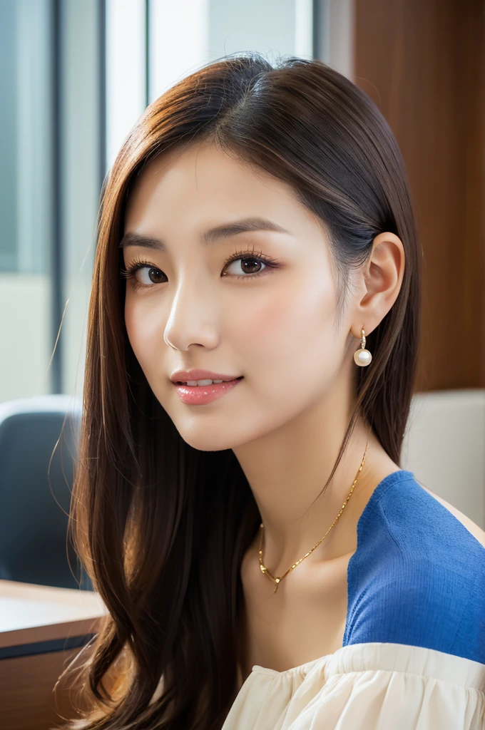 company office,executive secretary,okinawa,((full body)),((photo)),((best qualtiy, 8K, tmasterpiece:1.3)), Focus:1.2, perfect figure beautiful girl:1.4,1girl,cowboy shot,look at viewer, eyes facing the camera,incredibly absurd, beautiful and cute girl with a photorealistic face, showcasing top-quality craftsmanship, Japanese woman working in an office, 22 years old, hairstyle is black bob hair, inward curling hair reaching the jaw line, thin and soft hair, wide forehead with beautiful hairline, thin eyebrows, large almond-shaped eyes, light brown eyes, long eyelashes, double eyelids, straight nose, small lips, smile with upturned corners, fair and translucent skin, plump cheeks, cute impression, glamorous, tall, well-balanced proportions, large E-cup breasts, beige V-neck knit, white tight skirt, heeled pumps, pearl necklace and earrings, small bag, gold watch, beautiful, pretty older woman, neat, serious, hardworking, kind, considerate, highly trusted by those around her, April
