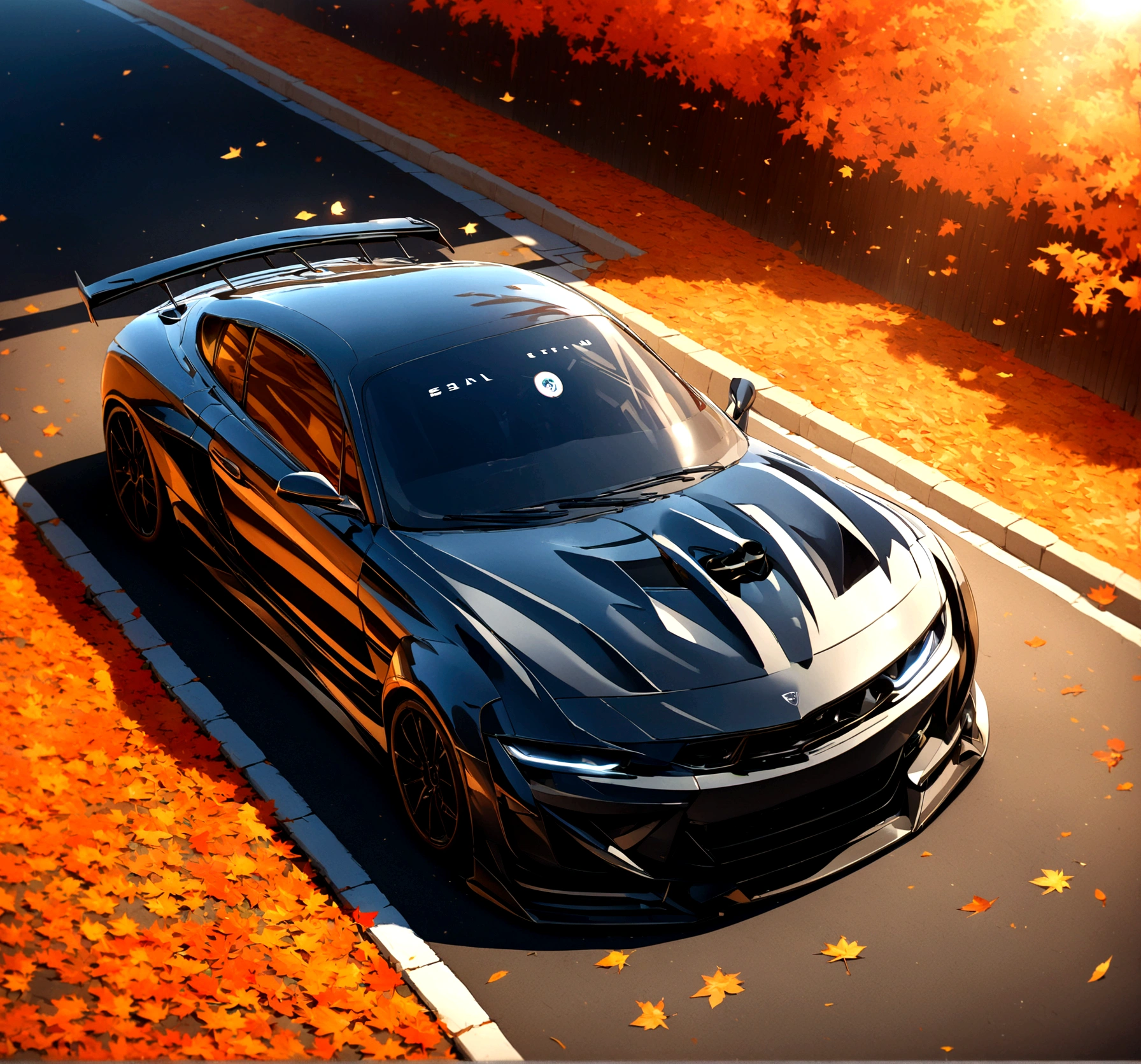 a sports car parked on an autumn leaf-covered street, autumn, global illumination, volumetric lighting, best quality, extremely detailed, CG-10, illustration, octane rendering, 