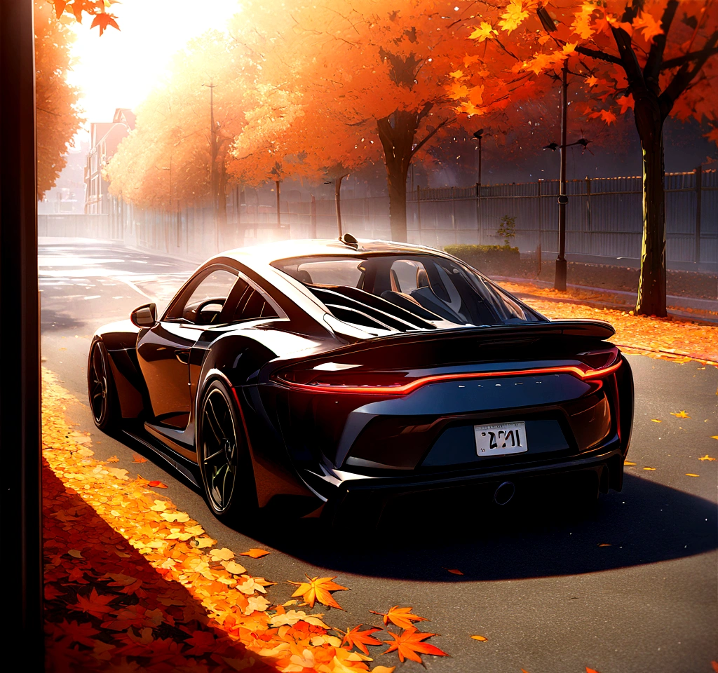 a sports car parked on an autumn leaf-covered street, autumn, global illumination, volumetric lighting, best quality, extremely detailed, CG-10, illustration, octane rendering, 