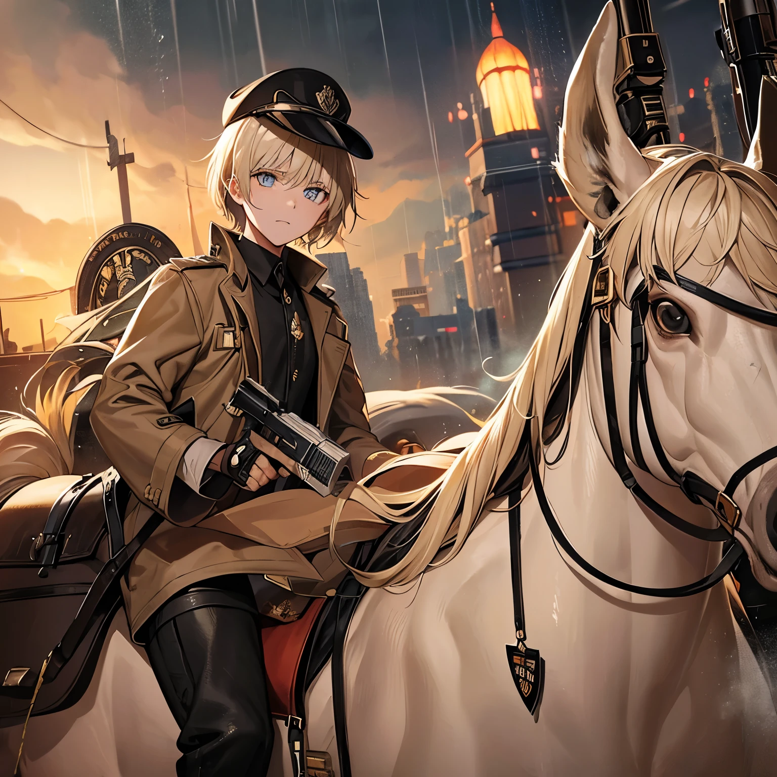 1 young Teen boy. 16 years old, Soft Beige hair that is splattered by bleach. One of his eyes was burned by bleach. Wearing a long brown coat with a Military emblem on it. He is riding his horse through the Rainy Desert. The Legend of the ?????? Courier. Smith and Wesson 500 Bone Collector Revolver. Bandages over his head.
