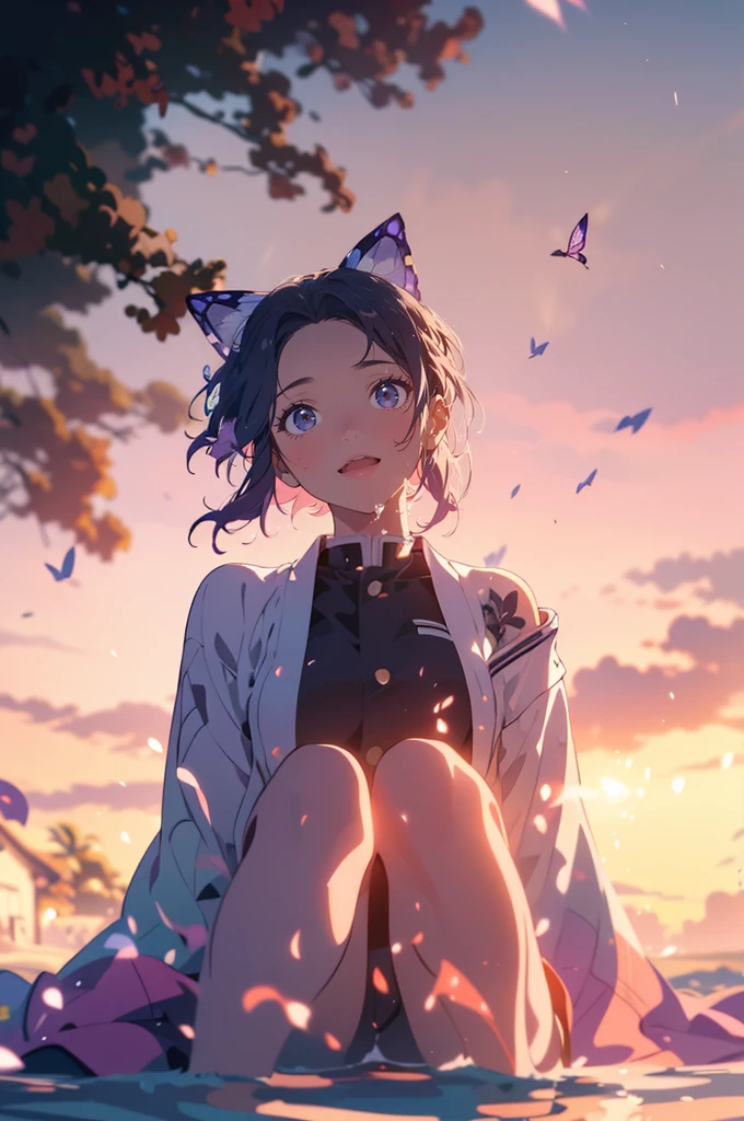 (masterpiece), (best quality), (ultra-detailed), (best illustration), (best shadow), (absurdres), Female, 25 years old, looking at viewer, steam, shy, nose blush, nsfw, medium breasts, nude, o-face, climax, light smile, Kochou Shinobu, Forehead,Black shirt,Black pantsuit,haori,butterflys,obi strip, purple flower,mostly cloudy sky,rays of sunshine,Tyndall effect,Gradient_sky,the face,beautiful sky,Saber on the waist,captivating posture, (Off-the-shoulder attire:1.3), smile,