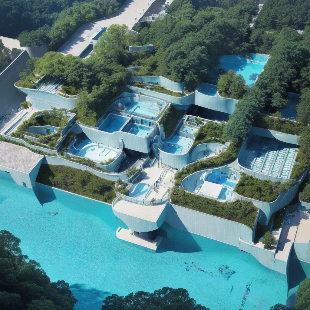 Image of a building with a swimming pool and lots of water, Isometric 3d rendering, Bioremediation Plant, extreamly detailed data center, Detailed Factory, High-tech environment, industrial plant environment, Detailed Data Center, Isometric drawing, 2D Axonometric Top View, Futuristic production facility, Pre-rendered isometric graphics。Internet of Things,Technology,Change the background to a light-colored picture