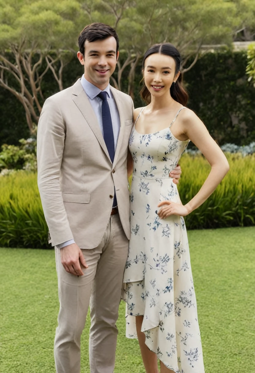 Nathan Fielder, Li Bingbing, standing together, smiling, photorealistic, high-resolution, Nathan Fielder casual attire, Sydney Sweeney elegant dress, garden, well-lit, realistic photo