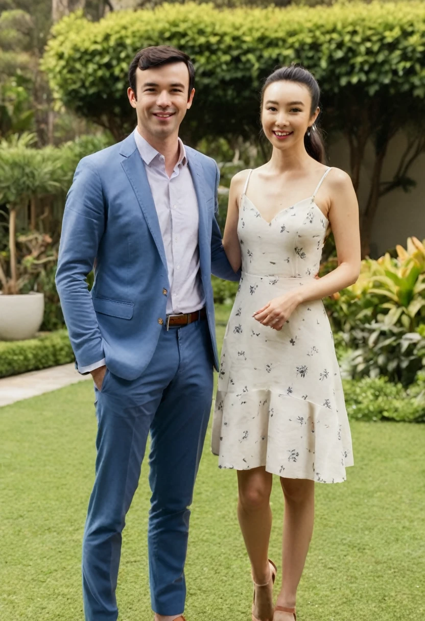 Nathan Fielder, Li Bingbing, standing together, smiling, photorealistic, high-resolution, Nathan Fielder casual attire, Sydney Sweeney elegant dress, garden, well-lit, realistic photo
