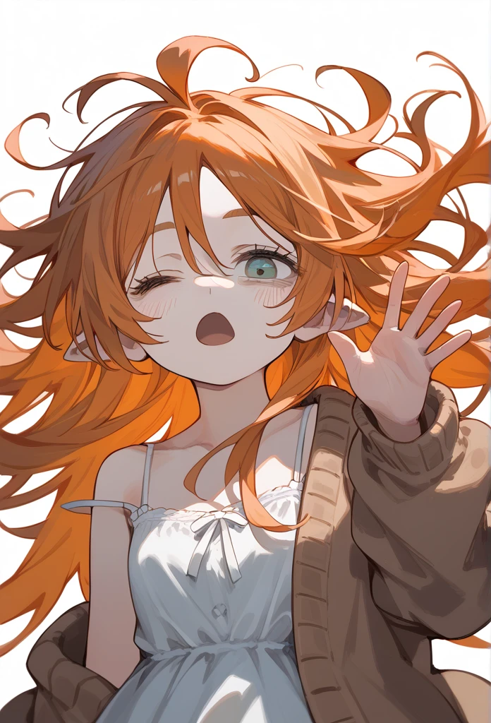 masterpiece, best quality, (score_9, score_8_up, score_7_up), 1 girl, solo, portrait, onepieceNami, bags under eyes, orange hair, long hair, messy hair, white dress, spaghetti straps, sleeveless dress , brown cardigan, standing, hand scratching eye, one eye closed, one hand raised, delicate hands, sleepy, waving mouth, looking at viewer, white background, simple background, masterpiece, best quality