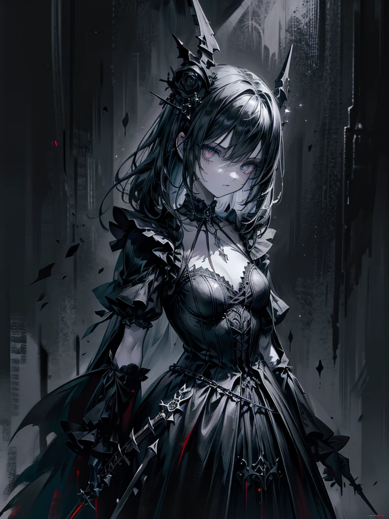 (a girl with) Aura-like gothic lighting, realistic Gothic-style artwork, detailed skeleton impaling itself with a sword in the neck, dark atmospheric background, high-res masterpiece:1.2, ultra-fine painting, professional, vivid colors