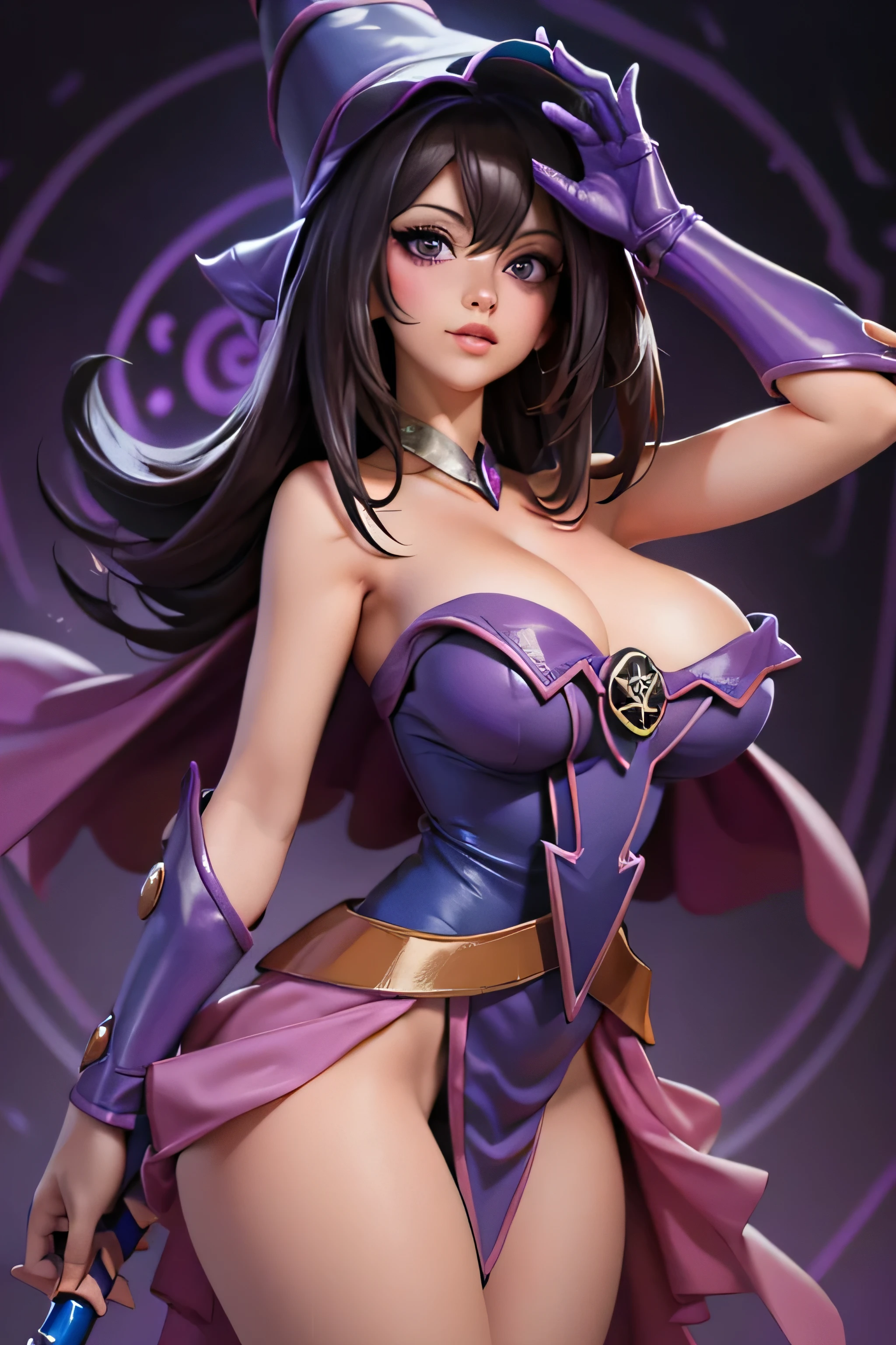 Oscura himself , milf, sexy, Subjective and sensual pose , large breast implants, very big breasts, nipples, purple gloves, the wand of a large magician. magic castle background