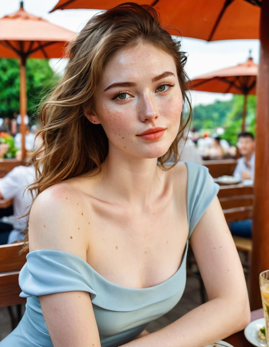 Full body portrait photography of a very beautiful realistic girl., sit in an outdoor restaurant, Eating chinese food, Porcelain skin, very light skin, very pale skin, Brown hair, wavy, Horse tail, freckles skin detail, Hazel eyes, slanted eyes, small nose, small nostril, think about the curved eyebrow, thick lower lip, seductive look, happy face, single face, wear casual dress, detail photo, realistic photo, masterpiece photo, sharp image, clear daylight outdoors