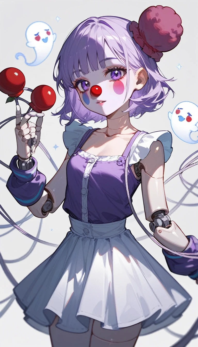 (Fraction_9,Fraction_8_Direction_7_up),(1 woman),(Sexy),puppet,clown,Ghost baby,Light purple skin,Silver wire links the joints,Black and purple clothes,White skirt