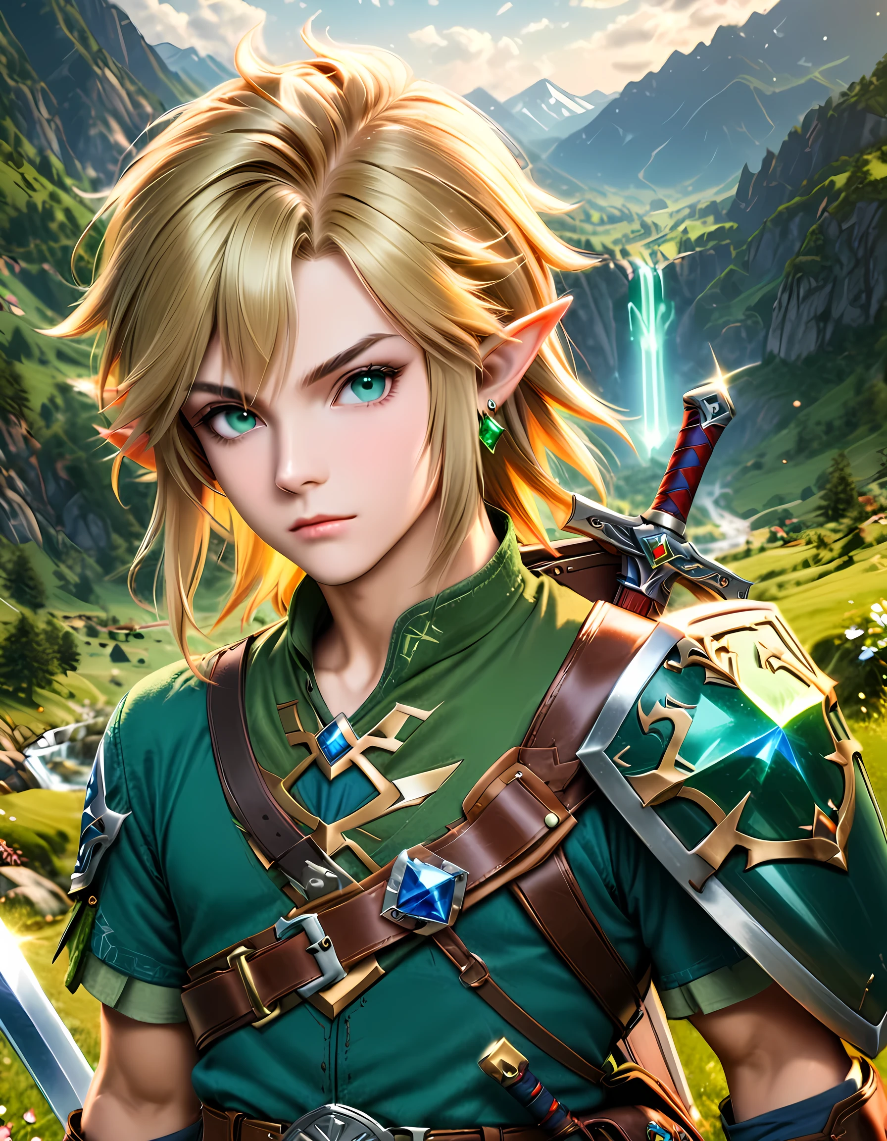 high quality, highres, 8k, masterpiece, solo, its piercing green eyes gleaming like gemstones, blonde hair, gloves, 1boy, weapon, male focus, pointy ears, belt, sword, shield, weapon on back, master sword, link, award winning photo, Inspired from The Legend of Zelda