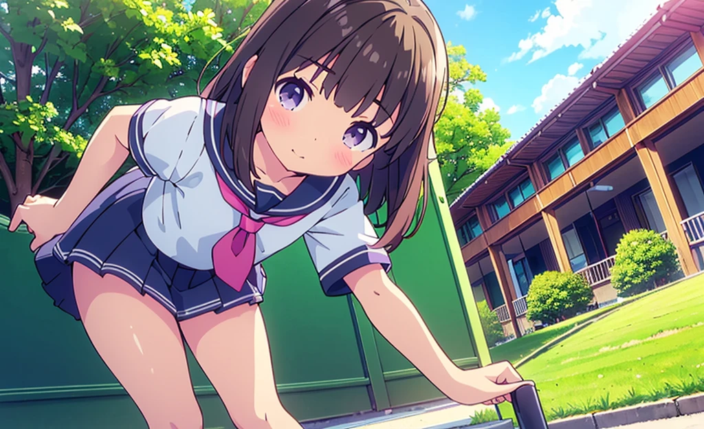 (high quality), (Masterpiece), (Very detailed), girl, (very small bust), short brown hair, purple eyes, shy face, (loli de primary), showing her thighs, in the school yard, sunny, camera angle from below, adorable eyes, (primary school uniform) NSFW