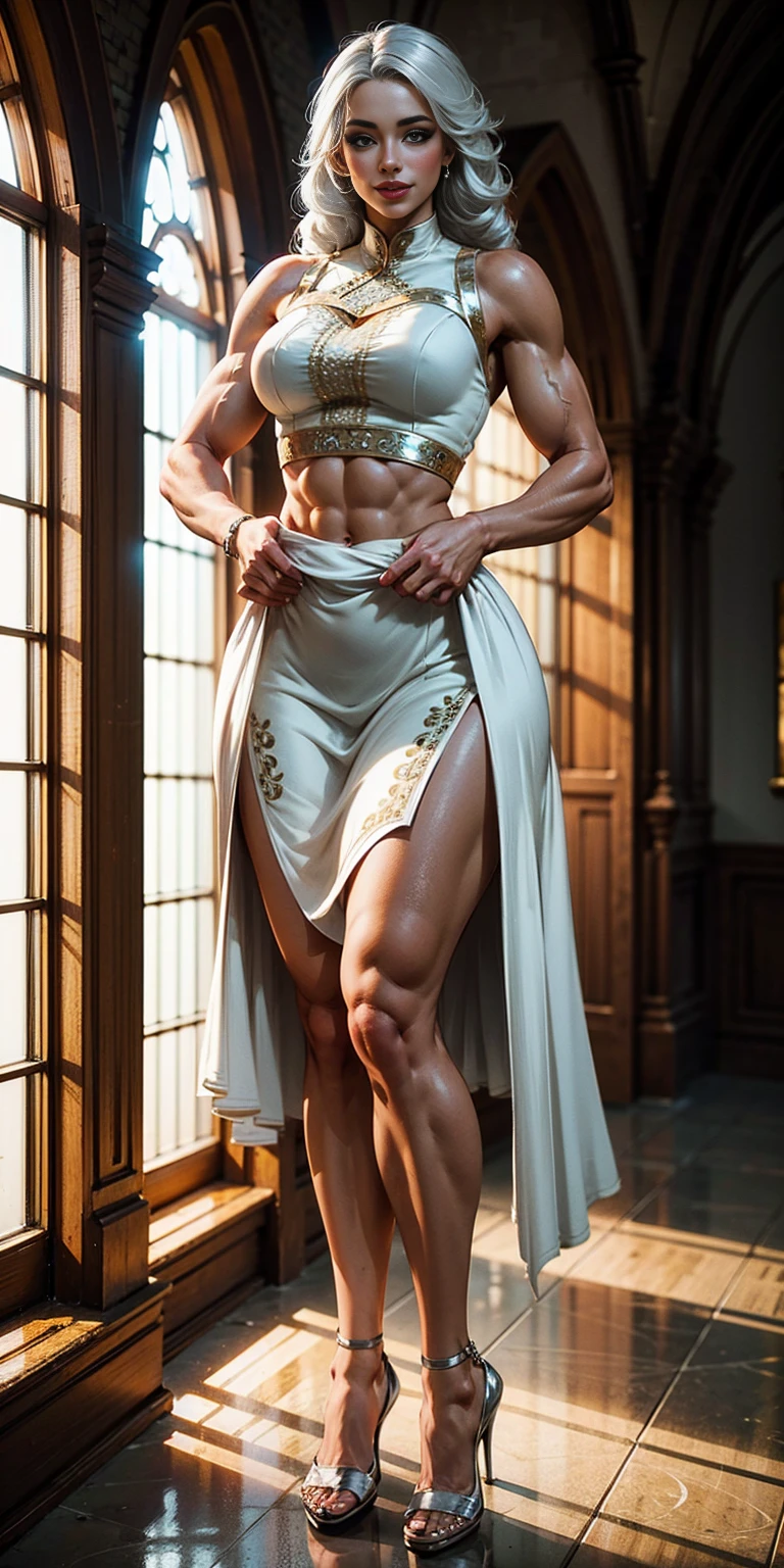 (masterpiece, best quality), intricate details, 1girl, Bridesmaid Muscular full body woman White hair White braid Motherly body smile Porcelain skin Red heels with feet together Long hair Hands on waist Navel Strong abs Direct look Perfect lighting Masterpiece High quality