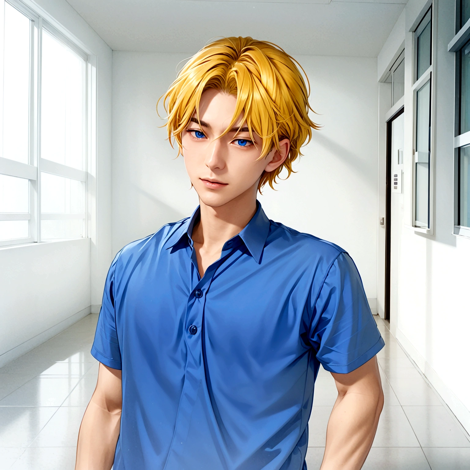 Golden hair color、Fluffy hairstyle、Anime boy in a blue collared shirt standing in a corridor with windows, Tall anime guy with blue eyes, inspired by Sadamichi Hirasawa, inspired by Itō Ogura Yonesuke, Inspired by Gigado Ashiyuki, Inspired by Hisui Sugiura, Male Anime Characters, inspired by Kitao Shigemasa, main character, In games