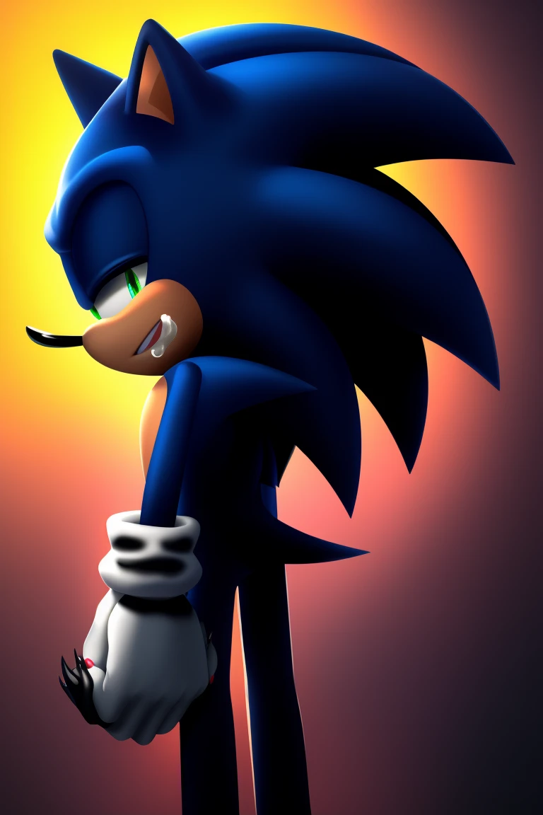 Sonic the Hedgehog, one man, all blue, back view, slightly jittery, right hand black with pointed fingernails, left hand holding face, black fluid dripping from mouth, camera slightly distant.