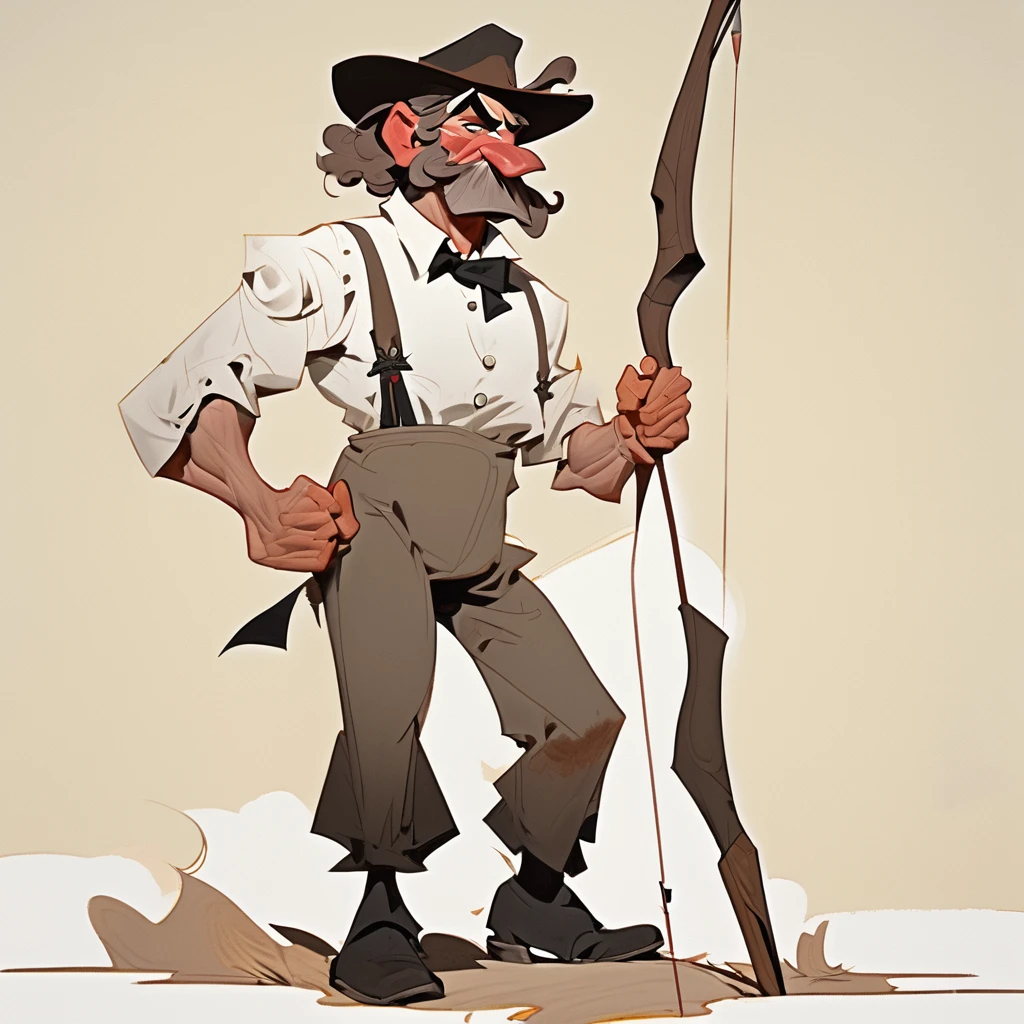1man, Old West, Oil paint, black and white, cartoon style, Brown wavy hair, big hair, strong Body, white dress shirt with, black suspender, faded black pants patched, Beret, thin big mustache, cheek spot, Arrogant, young adult, Muscular, full body, Holding a bow and arrow, Hristofor Žefarović style